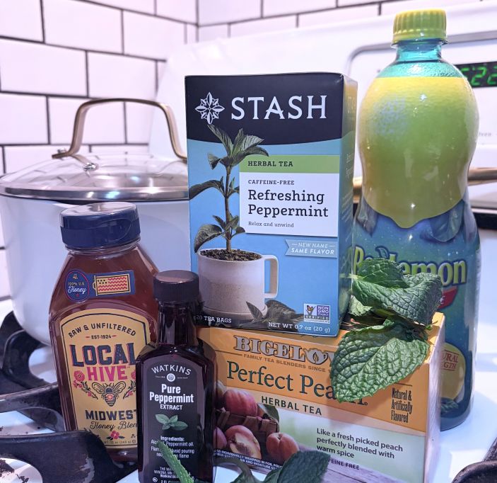 Medicine Tea Ingredients: honey, peppermint, tea, lemon juice